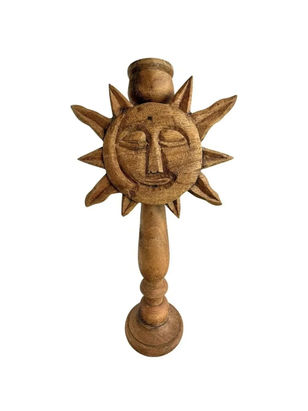 Wood Carved Sun Moon Face Large Candle Holder 17” Celestial Folk Art Whimsigoth